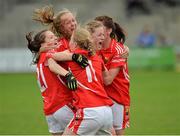 24 August 2013; Cork players from left Aideen Lynch, Caoilinn Hickey, Lisa Lynch, Kate O'Keeffe and Niamh Duggan celebrate after the final whistle against Dublin. Ladies All-Ireland U16 ‘A’ Championship Final, Cork v Dublin, St. Brendan's Park, Birr, Co. Offaly. Picture credit: Matt Browne / SPORTSFILE