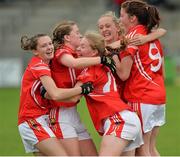 24 August 2013; Cork players, from left, Aideen Lynch, Lisa Lynch, Kate O'Keeffe, Caoilinn Hickey and Niamh Duggan celebrate after the final whistle against Dublin. Ladies All-Ireland U16 ‘A’ Championship Final, Cork v Dublin, St. Brendan's Park, Birr, Co. Offaly. Picture credit: Matt Browne / SPORTSFILE