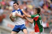 25 August 2013; Mikey Murnaghan, Monaghan, in action against Cian Hanley, Mayo. Electric Ireland GAA Football All-Ireland Minor Championship Semi-Final, Mayo v Monaghan, Croke Park, Dublin. Picture credit: Stephen McCarthy / SPORTSFILE