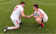 25 August 2013; Conor Gormley, left, Tyrone, is comforted by Mayo's Alan Freeman, wearing a Tyrone jersey, after the game. GAA Football All-Ireland Senior Championship Semi-Final, Mayo v Tyrone, Croke Park, Dublin. Picture credit: Ray McManus / SPORTSFILE