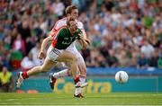 25 August 2013; Colm Boyle, Mayo, is fouled by Tyrone substitute Dermot Carlin which resulted in a penalty being awarded. GAA Football All-Ireland Senior Championship Semi-Final, Mayo v Tyrone, Croke Park, Dublin. Picture credit: Ray McManus / SPORTSFILE