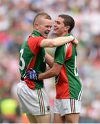25 August 2013; Mayo's Darragh Doherty, left, and Tommy Conroy celebrate their side's victory. Electric Ireland GAA Football All-Ireland Minor Championship Semi-Final, Mayo v Monaghan, Croke Park, Dublin. Picture credit: Stephen McCarthy / SPORTSFILE