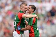 25 August 2013; Mayo's Darragh Doherty, left, and Tommy Conroy celebrate their side's victory. Electric Ireland GAA Football All-Ireland Minor Championship Semi-Final, Mayo v Monaghan, Croke Park, Dublin. Picture credit: Stephen McCarthy / SPORTSFILE
