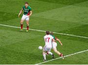 25 August 2013; Colm Boyle, Mayo, is fouled by Dermot Carlin, Tyrone, which resulted in the Mayo penalty. GAA Football All-Ireland Senior Championship Semi-Final, Mayo v Tyrone, Croke Park, Dublin. Picture credit: Dáire Brennan / SPORTSFILE
