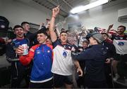 8 April 2023; New York players including Daniel O'Sullivan, centre, celebrate after the Connacht GAA Football Senior Championship quarter-final match between New York and Leitrim at Gaelic Park in New York, USA. Photo by David Fitzgerald/Sportsfile
