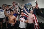 8 April 2023; New York players including Connell Ahearne, centre, and Daniel O'Sullivan, left, celebrate after the Connacht GAA Football Senior Championship quarter-final match between New York and Leitrim at Gaelic Park in New York, USA. Photo by David Fitzgerald/Sportsfile