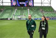 8 April 2023; Republic of Ireland video analyst Andrew Holt and masseuse Hannah Tobin Jones before the women's international friendly match between USA and Republic of Ireland at the Q2 Stadium in Austin, Texas. Photo by Stephen McCarthy/Sportsfile