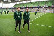 8 April 2023; Republic of Ireland assistant manager Tom Elmes, left, and video analyst Andrew Holt before the women's international friendly match between USA and Republic of Ireland at the Q2 Stadium in Austin, Texas. Photo by Stephen McCarthy/Sportsfile