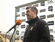 9 April 2023; Kilkenny manager Derek Lyng is interviewed by TG4 before the Allianz Hurling League Final match between Kilkenny and Limerick at Páirc Ui Chaoimh in Cork. Photo by Eóin Noonan/Sportsfile