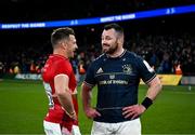 7 April 2023; Cian Healy of Leinster and Jimmy Gopperth of Leicester Tigers after the Heineken Champions Cup quarter-final match between Leinster and Leicester Tigers at the Aviva Stadium in Dublin. Photo by Harry Murphy/Sportsfile