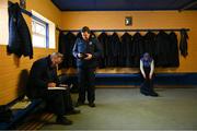 9 April 2023; Longford statistician Sean Fox, left, kitman Danny O'Toole, right, and County Board Chairman Albert Cooney, before the Leinster GAA Football Senior Championship Round 1 match between Longford and Offaly at Glennon Brothers Pearse Park in Longford. Photo by Ray McManus/Sportsfile