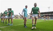 9 April 2023; Limerick captain Cian Lynch, right, leads his side in the parade before the Allianz Hurling League Final match between Kilkenny and Limerick at Páirc Ui Chaoimh in Cork. Photo by Eóin Noonan/Sportsfile