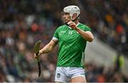 9 April 2023; Aaron Gillane of Limerick celebrates a point during the Allianz Hurling League Final match between Kilkenny and Limerick at Páirc Ui Chaoimh in Cork. Photo by Eóin Noonan/Sportsfile