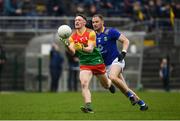 9 April 2023; Seánie Bambrick of Carlow in action against Dean Healy of Wicklow during the Leinster GAA Football Senior Championship Round 1 match between Wicklow and Carlow at Echelon Park in Aughrim, Wicklow. Photo by Daire Brennan/Sportsfile