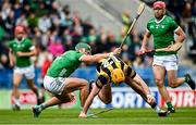 9 April 2023; Billy Ryan of Kilkenny is tackled by Sean Finn of Limerick during the Allianz Hurling League Final match between Kilkenny and Limerick at Páirc Ui Chaoimh in Cork. Photo by Eóin Noonan/Sportsfile