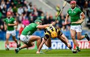 9 April 2023; Billy Ryan of Kilkenny is tackled by Sean Finn of Limerick during the Allianz Hurling League Final match between Kilkenny and Limerick at Páirc Ui Chaoimh in Cork. Photo by Eóin Noonan/Sportsfile