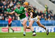 9 April 2023; Billy Ryan of Kilkenny is tackled by Sean Finn of Limerick during the Allianz Hurling League Final match between Kilkenny and Limerick at Páirc Ui Chaoimh in Cork. Photo by Eóin Noonan/Sportsfile