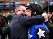 9 April 2023; Jockey Paul Townend celebrates with syndicate manager James Fenton after sending out Ashroe Diamond to win the Irish Stallion Farms EBF Honeysuckle Mares Novice Hurdle on day two of the Fairyhouse Easter Festival at Fairyhouse Racecourse in Ratoath, Meath. Photo by Harry Murphy/Sportsfile