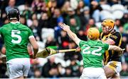 9 April 2023; Billy Ryan of Kilkenny has a shot on goal despite the efforts of Richie English of Limerick during the Allianz Hurling League Final match between Kilkenny and Limerick at Páirc Ui Chaoimh in Cork. Photo by Eóin Noonan/Sportsfile