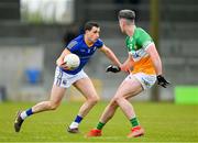9 April 2023; Darren Gallagher of Longford in action against  Conor McNamee of Offaly during the Leinster GAA Football Senior Championship Round 1 match between Longford and Offaly at Glennon Brothers Pearse Park in Longford. Photo by Ray McManus/Sportsfile