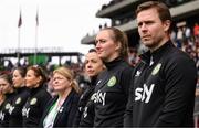 8 April 2023; Republic of Ireland's StatSports technician Niamh McDaid and Republic of Ireland assistant manager Tom Elmes, right, before the women's international friendly match between USA and Republic of Ireland at the Q2 Stadium in Austin, Texas. Photo by Stephen McCarthy/Sportsfile