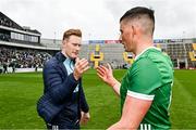 9 April 2023; William O'Donoghue, left, and Limerick teammate Gearoid Hegarty after the Allianz Hurling League Final match between Kilkenny and Limerick at Páirc Ui Chaoimh in Cork. Photo by Eóin Noonan/Sportsfile
