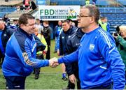 9 April 2023; Waterford manager Ephie Fitzgerald shakes hands with Tipperary manager David Power after the Munster GAA Football Senior Championship Quarter-Final match between Tipperary and Waterford at FBD Semple Stadium in Thurles, Tipperary. Photo by Stephen Marken/Sportsfile