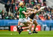 9 April 2023; Richie English of Limerick in action against Gearóid Dunne of Kilkenny during the Allianz Hurling League Final match between Kilkenny and Limerick at Páirc Ui Chaoimh in Cork. Photo by Eóin Noonan/Sportsfile