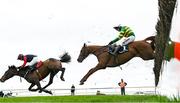 9 April 2023; Whiskeywealth, with John Shinnick up, falls at the last as Dinoblue, with Mark Walsh up, passes to win the BoyleSports Novice Handicap Steeplechase on day two of the Fairyhouse Easter Festival at Fairyhouse Racecourse in Ratoath, Meath. Photo by Harry Murphy/Sportsfile