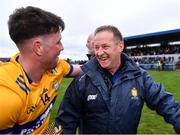9 April 2023; Clare manager Colm Collins celebrates with Keelan Sexton after their side's victory in the Munster GAA Football Senior Championship Quarter-Final match between Clare and Cork at Cusack Park in Ennis, Clare. Photo by Piaras Ó Mídheach/Sportsfile