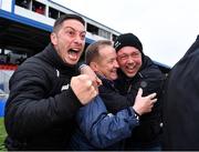 9 April 2023; Clare manager Colm Collins, centre, celebrates with coaches Micheál Cahill and Joe Hayes, right, celebrates after their side's victory in the Munster GAA Football Senior Championship Quarter-Final match between Clare and Cork at Cusack Park in Ennis, Clare. Photo by Piaras Ó Mídheach/Sportsfile