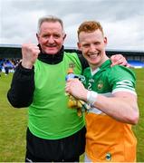 9 April 2023; Offaly manager Martin Murphy and Ciaran Donnelly celebrate the Leinster GAA Football Senior Championship Round 1 match between Longford and Offaly at Glennon Brothers Pearse Park in Longford. Photo by Ray McManus/Sportsfile
