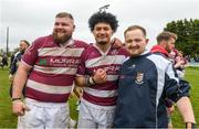 9 April 2023; Tullow RFC players from left Colm Gorry, Christian Vainerere and Jordan Leybourne celebrate after the Bank of Ireland Provincial Towns Cup Semi-Final match between County Carlow FC and Tullow RFC at Enniscorthy RFC in Enniscorthy, Wexford. Photo by Matt Browne/Sportsfile