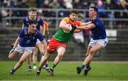 9 April 2023; Ciarán Moran of Carlow in action against Pádraig O’Toole of Wicklow during the Leinster GAA Football Senior Championship Round 1 match between Wicklow and Carlow at Echelon Park in Aughrim, Wicklow. Photo by Daire Brennan/Sportsfile