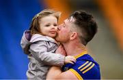 9 April 2023; Michael Quinn of Longford with his two and a half year old daughter, Alice, after the Leinster GAA Football Senior Championship Round 1 match between Longford and Offaly at Glennon Brothers Pearse Park in Longford. Photo by Ray McManus/Sportsfile