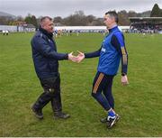 9 April 2023; Carlow manager Niall Carew and Wicklow manager Oisín McConville shake hands after the Leinster GAA Football Senior Championship Round 1 match between Wicklow and Carlow at Echelon Park in Aughrim, Wicklow. Photo by Daire Brennan/Sportsfile