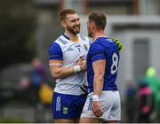 9 April 2023; Wicklow players, Mark Jackson, left, and Dean Healy celebrate after the Leinster GAA Football Senior Championship Round 1 match between Wicklow and Carlow at Echelon Park in Aughrim, Wicklow. Photo by Daire Brennan/Sportsfile