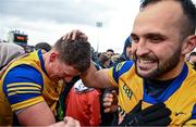 9 April 2023; Conor Cox, left, and Donie Smith of Roscommon celebrate after their side's victory in the Connacht GAA Football Senior Championship Quarter-Final match between Mayo and Roscommon at Hastings Insurance MacHale Park in Castlebar, Mayo. Photo by Ramsey Cardy/Sportsfile