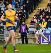 9 April 2023; Cillian O’Connor of Mayo celebrates after kicking a late point during the Connacht GAA Football Senior Championship Quarter-Final match between Mayo and Roscommon at Hastings Insurance MacHale Park in Castlebar, Mayo. Photo by Ramsey Cardy/Sportsfile
