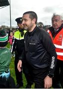 9 April 2023; Referee Noel Mooney is escorted back to the dressing room after the Connacht GAA Football Senior Championship Quarter-Final match between Mayo and Roscommon at Hastings Insurance MacHale Park in Castlebar, Mayo. Photo by Ray Ryan/Sportsfile