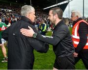 9 April 2023; Referee Noel Mooney shakes hands with Mayo manager Kevin McStay after the Connacht GAA Football Senior Championship Quarter-Final match between Mayo and Roscommon at Hastings Insurance MacHale Park in Castlebar, Mayo. Photo by Ray Ryan/Sportsfile