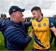 9 April 2023; Ciaráin Murtagh of Roscommon celebrates with supporters after the Connacht GAA Football Senior Championship Quarter-Final match between Mayo and Roscommon at Hastings Insurance MacHale Park in Castlebar, Mayo. Photo by Ray Ryan/Sportsfile