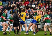 9 April 2023; Keith Doyle of Roscommon is fouled by Aidan O'Shea of Mayo during the Connacht GAA Football Senior Championship Quarter-Final match between Mayo and Roscommon at Hastings Insurance MacHale Park in Castlebar, Mayo. Photo by Ramsey Cardy/Sportsfile