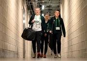 8 April 2023; Republic of Ireland's StatSports technician Niamh McDaid, left, Republic of Ireland physiotherapist Angela Kenneally and Republic of Ireland masseuse Hannah Tobin Jones, right, arrive for the women's international friendly match between USA and Republic of Ireland at the Q2 Stadium in Austin, Texas. Photo by Stephen McCarthy/Sportsfile