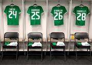 8 April 2023; The jersey's of Marissa Sheva, Aoife Mannion, Tara O'Hanlon and Sinead Farrelly hang in the Republic of Ireland dressing room before the the women's international friendly match between USA and Republic of Ireland at the Q2 Stadium in Austin, Texas. Photo by Stephen McCarthy/Sportsfile
