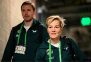 8 April 2023; Republic of Ireland manager Vera Pauw and assistant manager Tom Elmes arrive for the women's international friendly match between USA and Republic of Ireland at the Q2 Stadium in Austin, Texas. Photo by Stephen McCarthy/Sportsfile