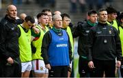 9 April 2023; Mayo manager Kevin McStay stands with his team for the playing of the National Anthem before the Connacht GAA Football Senior Championship Quarter-Final match between Mayo and Roscommon at Hastings Insurance MacHale Park in Castlebar, Mayo. Photo by Ray Ryan/Sportsfile