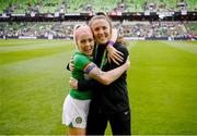8 April 2023; Denise O'Sullivan of Republic of Ireland and Republic of Ireland masseuse Hannah Tobin Jones after the women's international friendly match between USA and Republic of Ireland at the Q2 Stadium in Austin, Texas, USA. Photo by Stephen McCarthy/Sportsfile