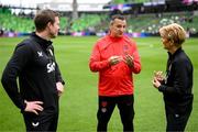 8 April 2023; United States head coach Vlatko Andonovski with Republic of Ireland manager Vera Pauw, right, and assistant manager Tom Elmes, left, after the women's international friendly match between USA and Republic of Ireland at the Q2 Stadium in Austin, Texas, USA. Photo by Stephen McCarthy/Sportsfile