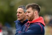 9 April 2023; Sean O'Brien with Tullow RFC head coach Maurice Logue during the Bank of Ireland Provincial Towns Cup Semi-Final match between County Carlow FC and Tullow RFC at Enniscorthy RFC in Enniscorthy, Wexford. Photo by Matt Browne/Sportsfile